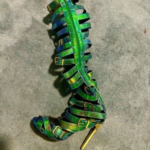 Strappy Green and Blue Heels with Gold Accents